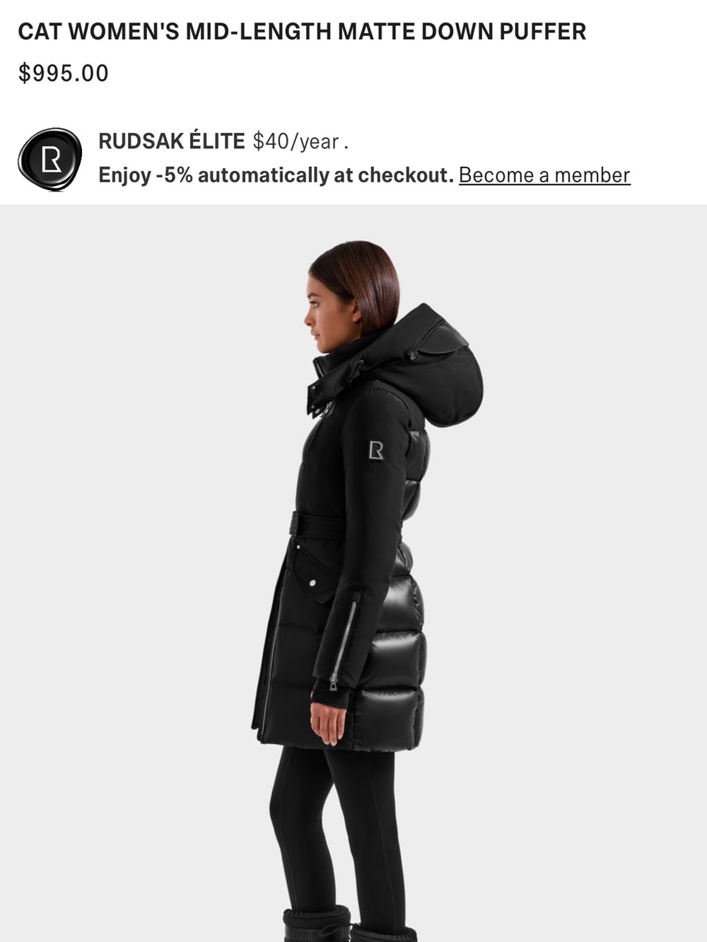 RUDSAK Black Women's Mid-Length Matte Down Puffer with Hood